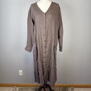 Flax Womens Maxi Duster Shirt Dress Jacket Size M Taupe Brown Linen Lagenlook